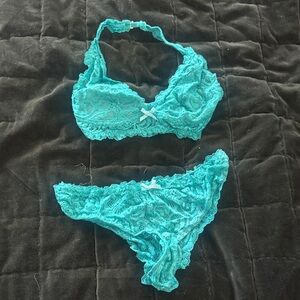 ADORE ME Lace Halter Bralette  (M) and Panty (XL) Set - Turquoise